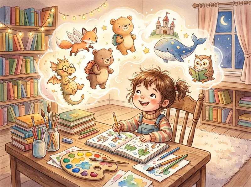 Criança imaginando personagens e escolhendo o estilo artístico do livro infantil
