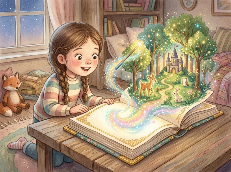 Ilustração mágica de um livro infantil ganhando vida com inteligência artificial