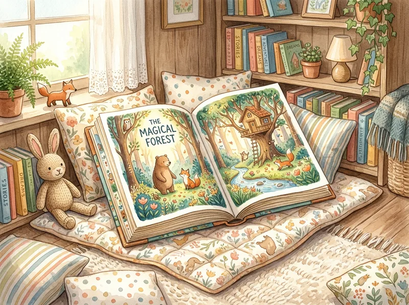 Livro infantil personalizado impresso e aberto em um cantinho de leitura aconchegante